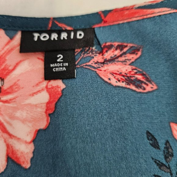 EUC Plus size Torrid short sleeve blouse  Teal green and orange floral print - Picture 3 of 5